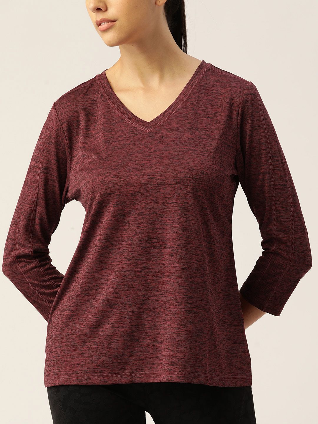 Macy's Karen Scott Women Maroon & Black V-Neck Drop-Shoulder Sleeves T-shirt Price in India