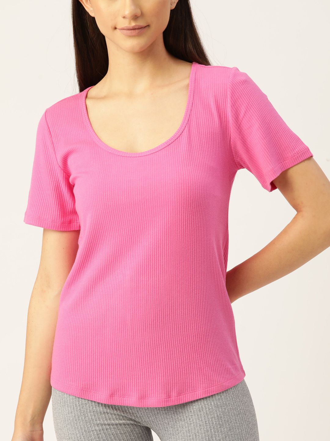 Macy's Jenni Pink Solid Ribbed Top Price in India