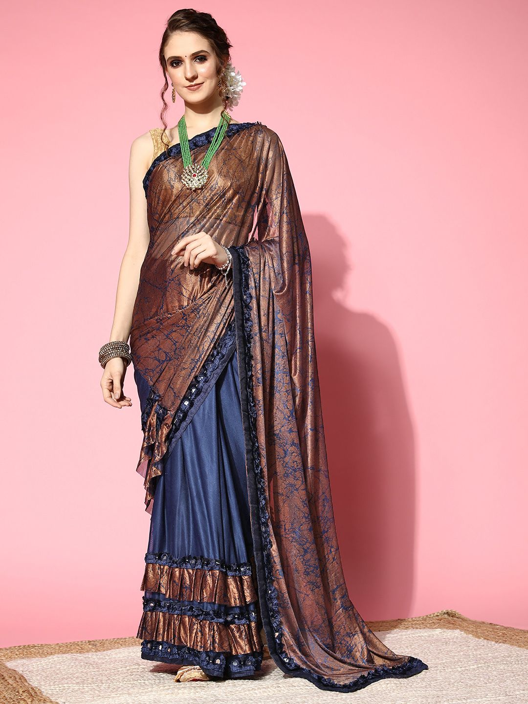 Ishin Navy Blue & Brown Woven Design Saree Price in India