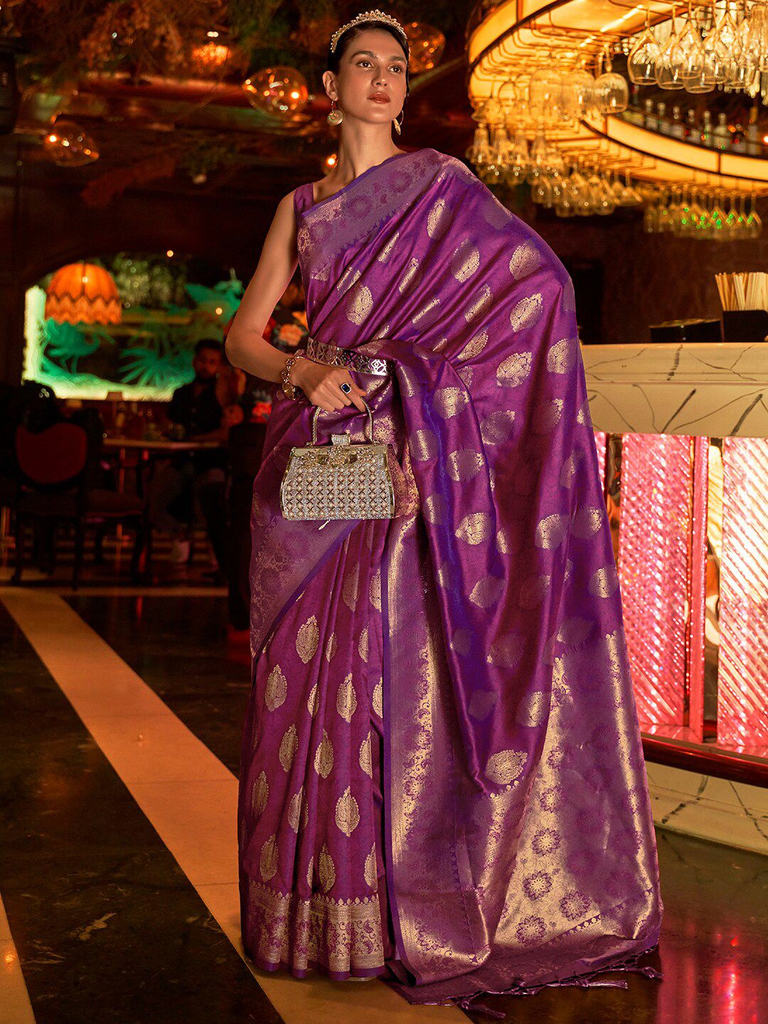 Mitera Purple & Gold-Toned Bagh Silk Blend Banarasi Saree