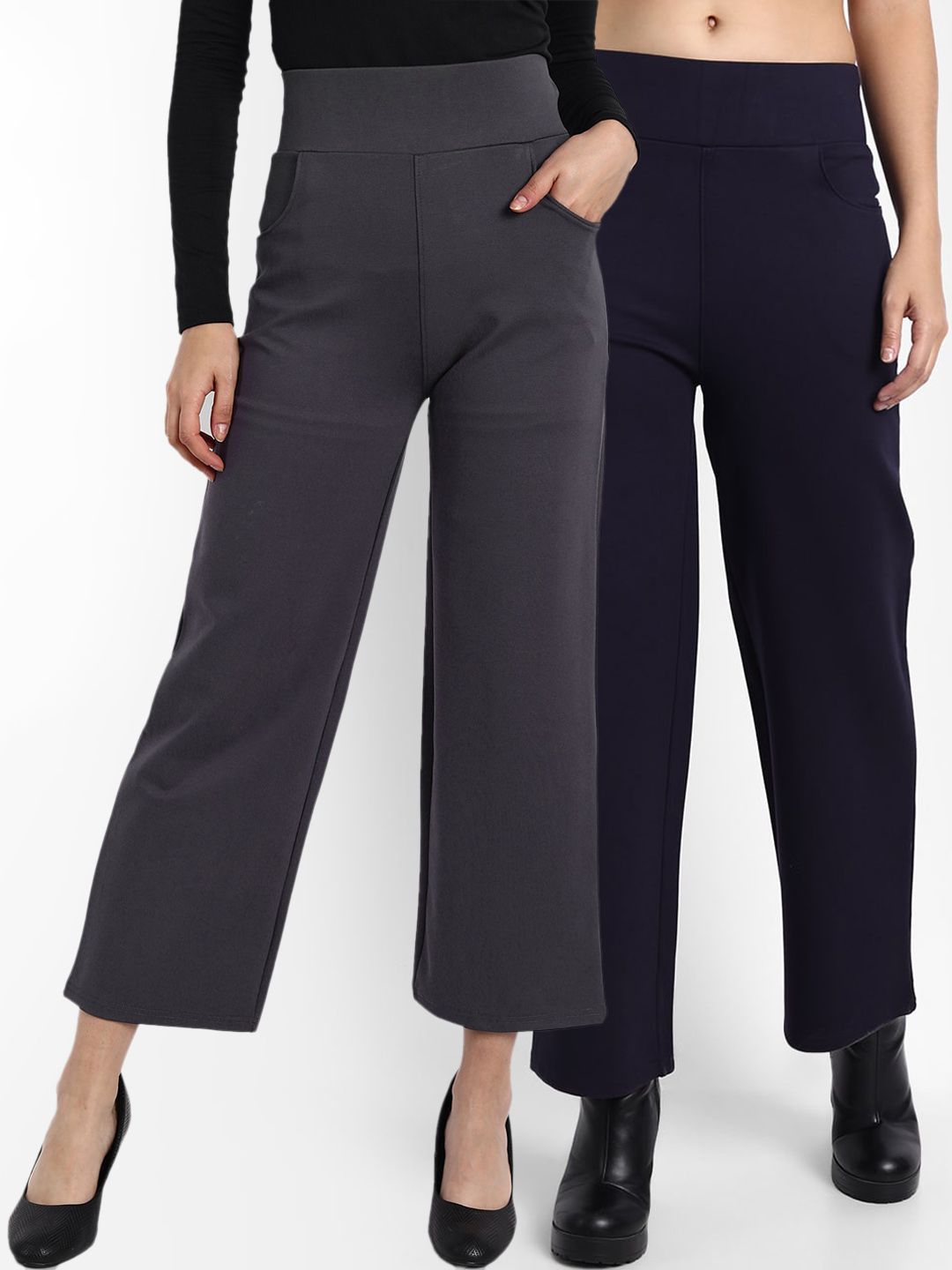 BROADSTAR Women Black Straight Fit High-Rise Trousers Pack of 2. Price in India