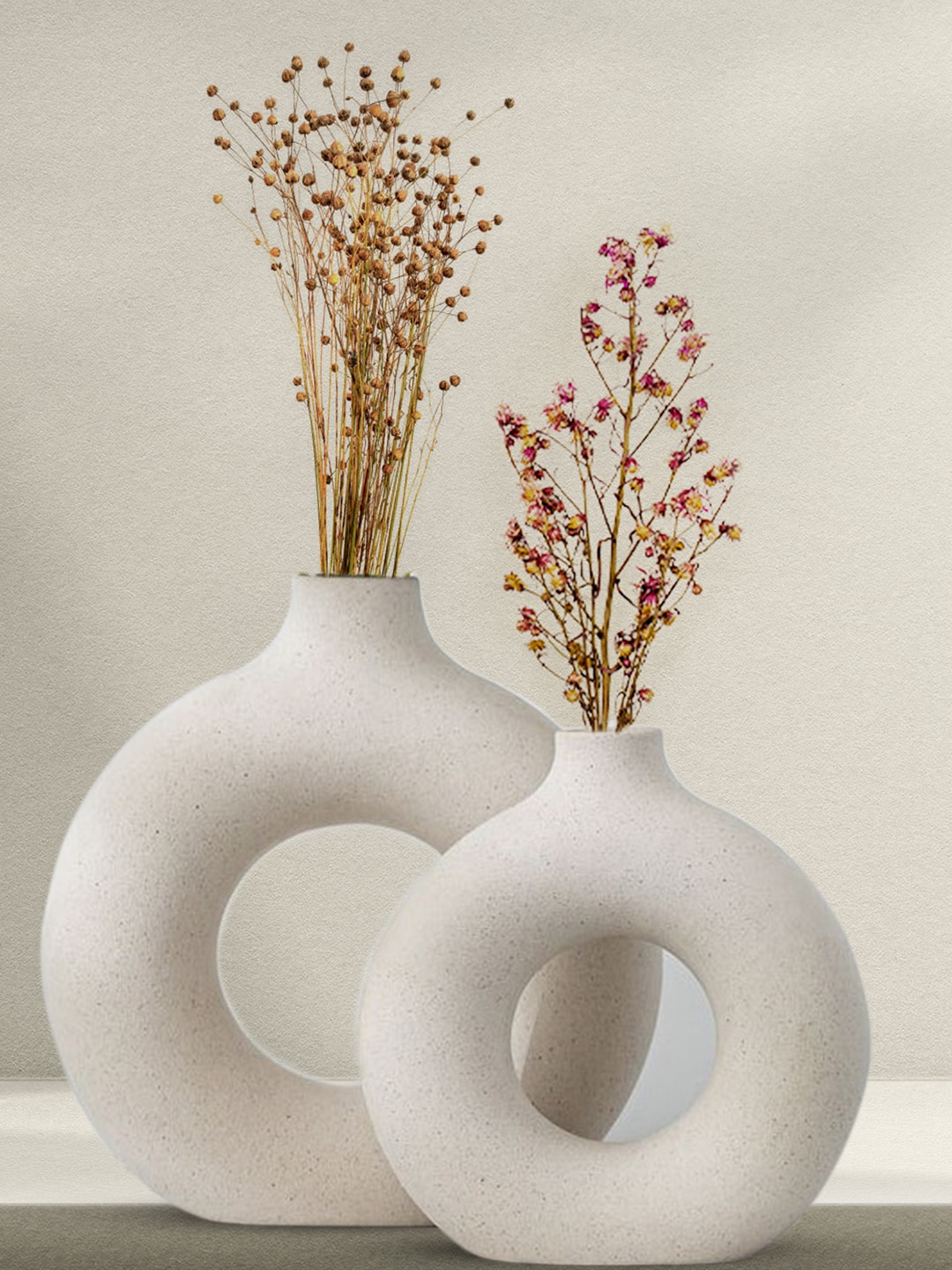 PUREZENTO Set Of 2 White Solid Ceramic Donut Shaped Flower Vases Price in India