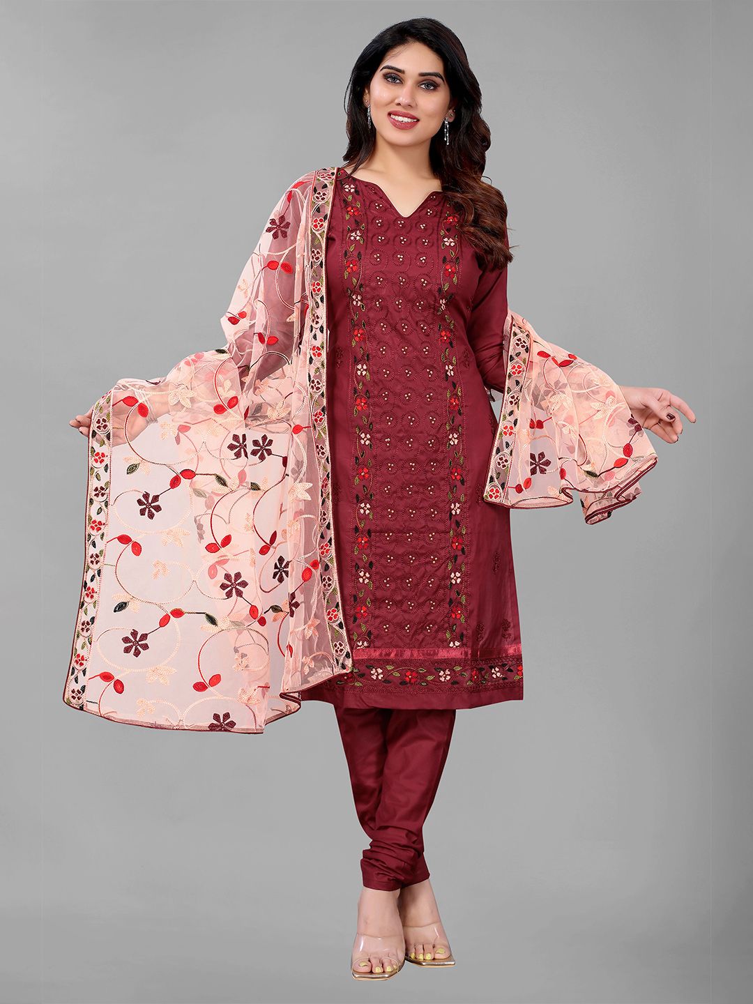 GUNVANTI FAB Maroon & Peach-Coloured Embroidered Unstitched Dress Material Price in India