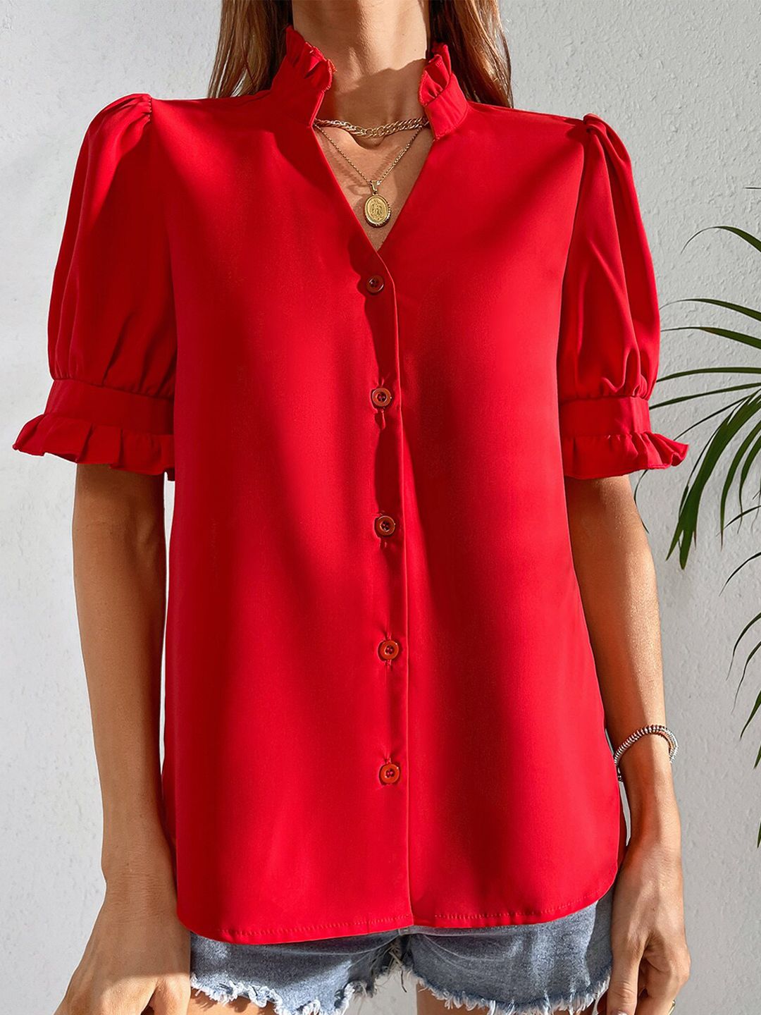 BoStreet Red Mandarin Collar Shirt Style Top