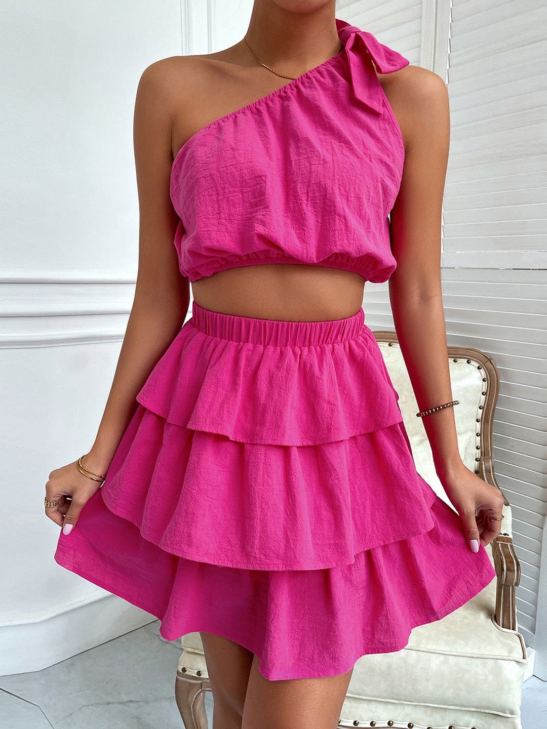 BoStreet Women Pink One Shoulder Top with Layered Mini Skirt