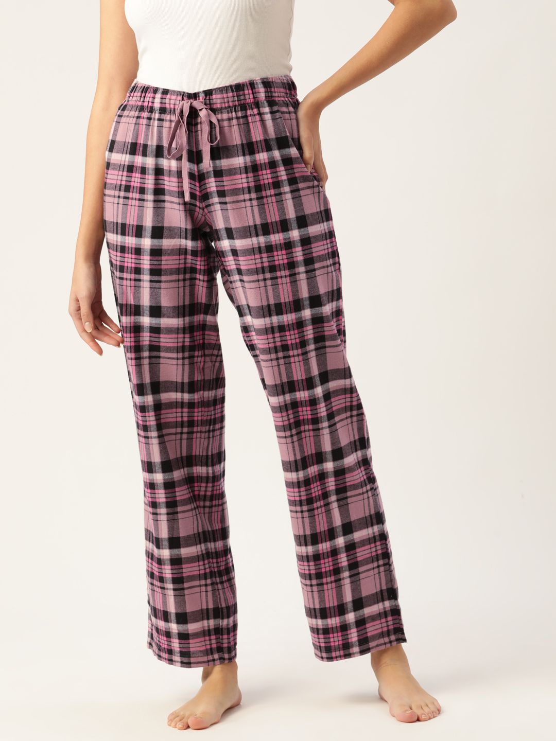 Macy's Jenni Women Pink & Black Checked Yarn-Dyed Cotton Twill Lounge Pants Price in India