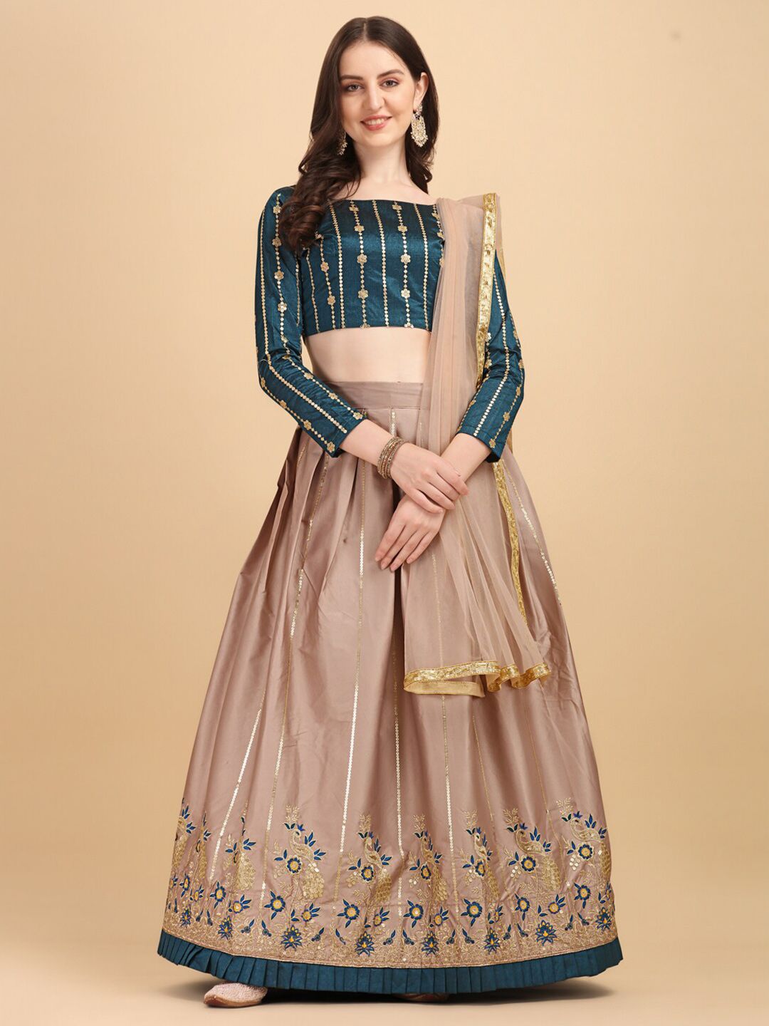 Amrutam Fab Camel Brown & Green Color Sequence Embroidered Unstitched lehenga choli Price in India