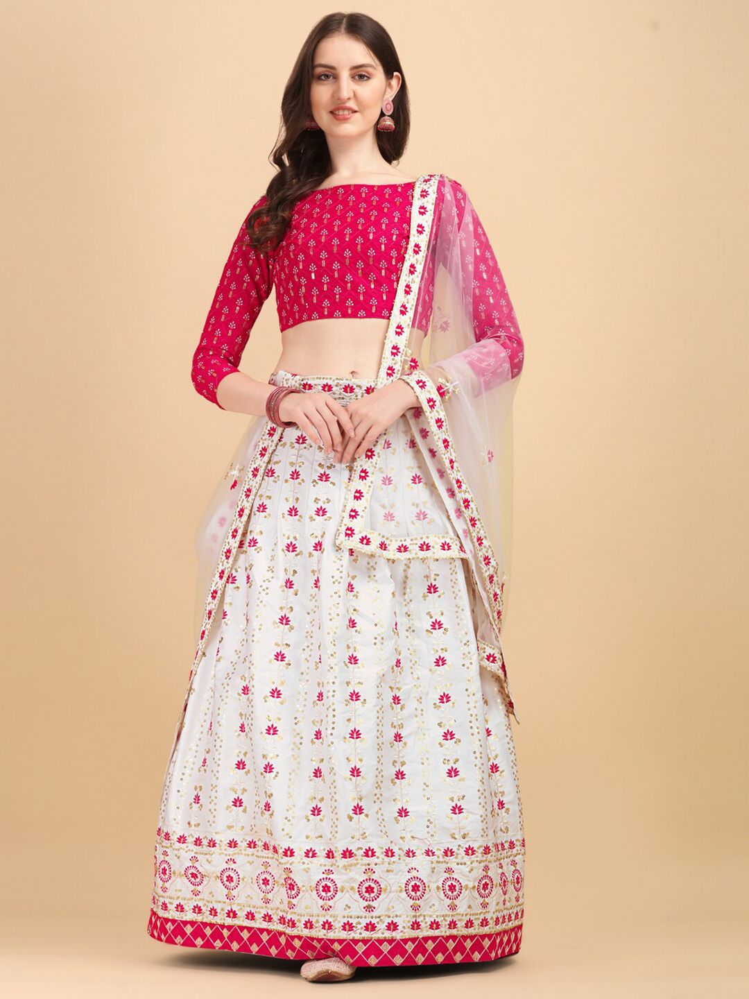 Amrutam Fab White & Pink Embroidered Sequinned Semi-Stitched Lehenga & Unstitched Blouse With Dupatta Price in India