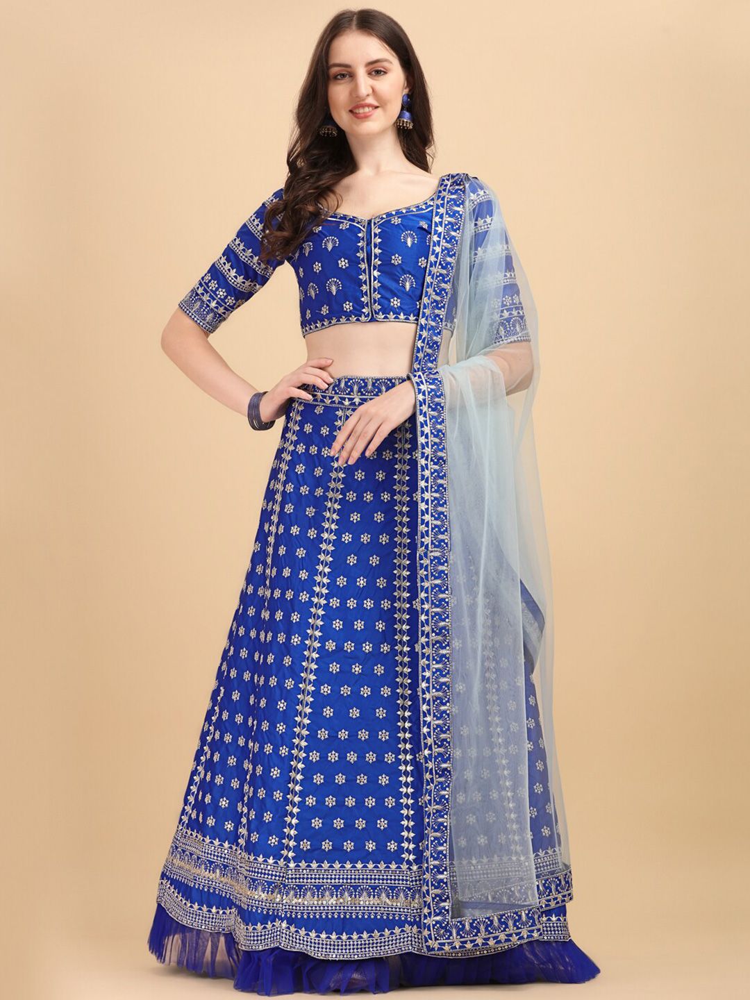 Amrutam Fab Blue & White Embroidered Thread Work Semi-Stitched Lehenga & Unstitched Blouse With Dupatta Price in India