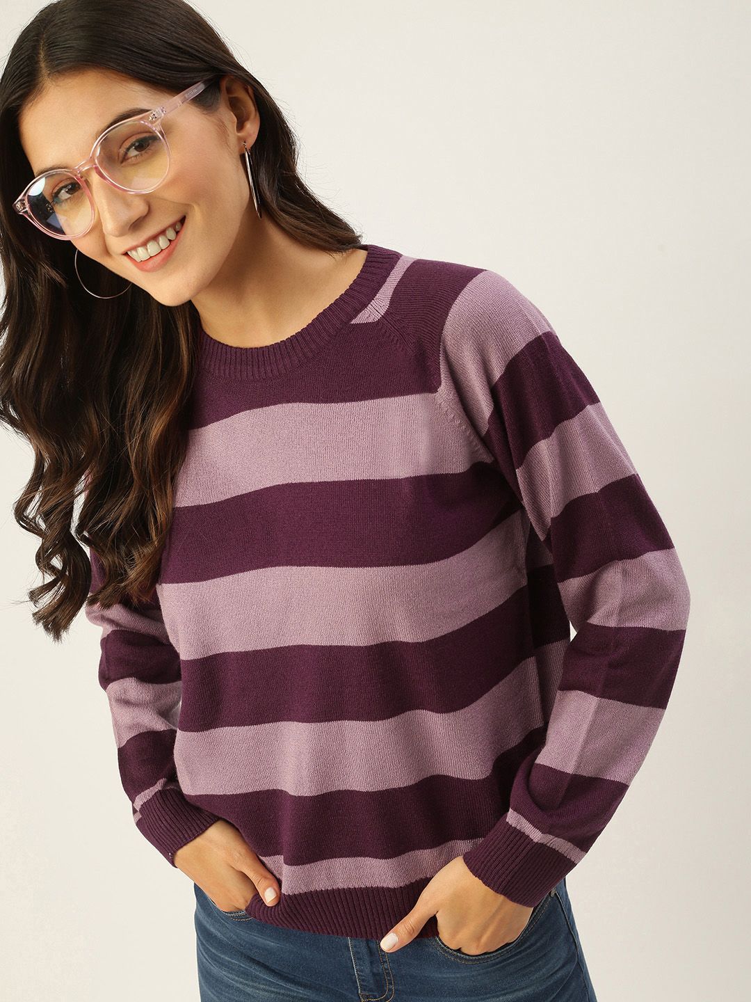 FOREVER 21 Purple & Mauve Knitted Striped Top Price in India