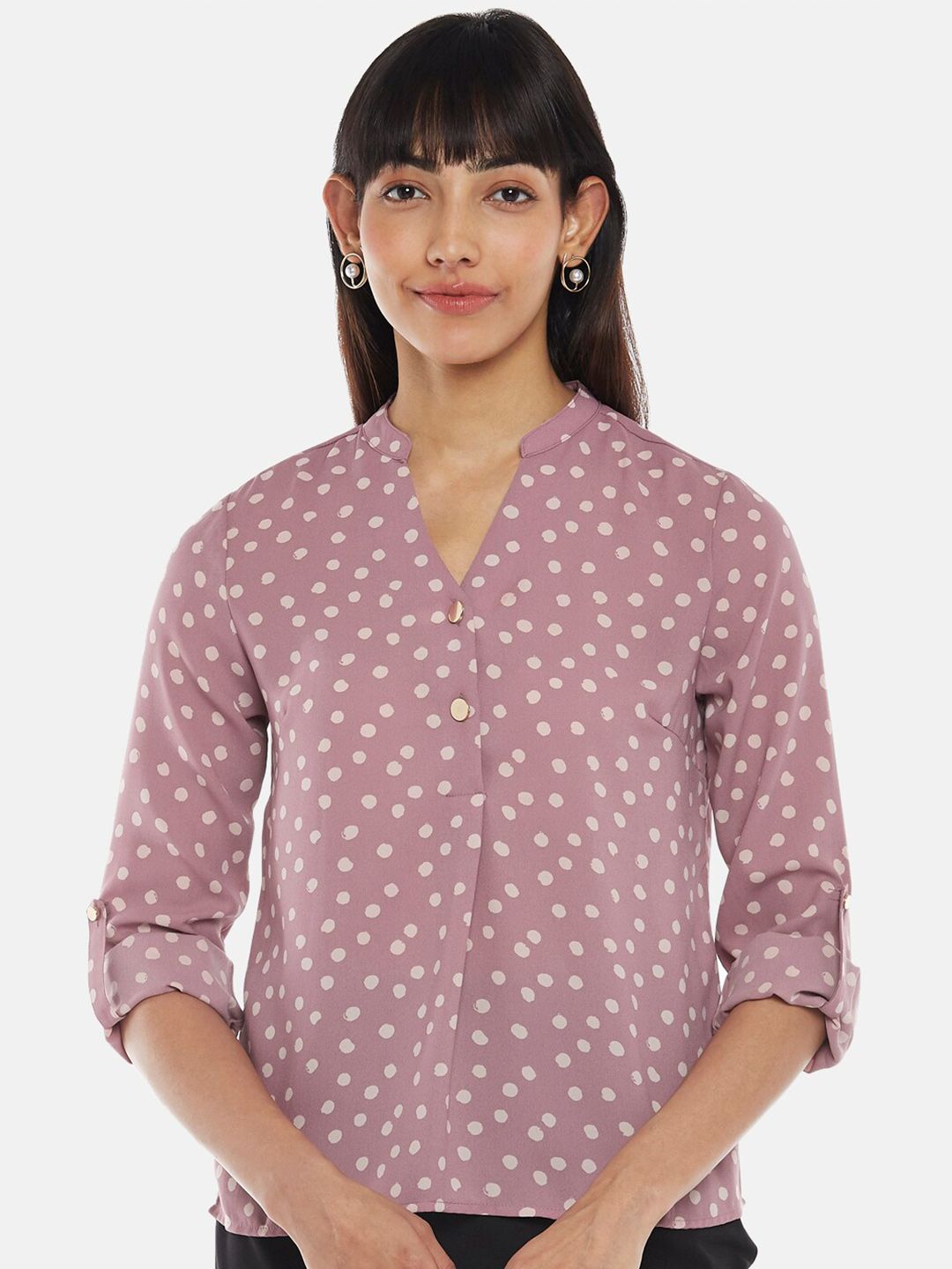 Annabelle by Pantaloons Pink Print Mandarin Collar Roll-Up Sleeves Top Price in India