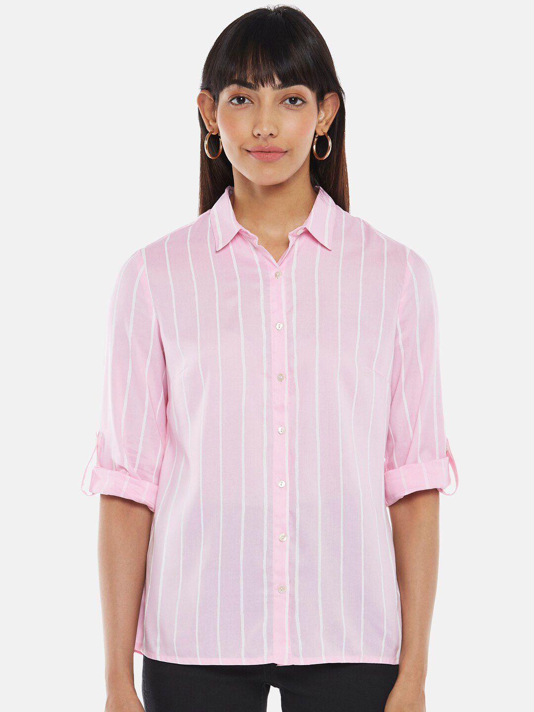 Honey by Pantaloons Pink Striped Roll-Up Sleeves Shirt Style Top Price in India