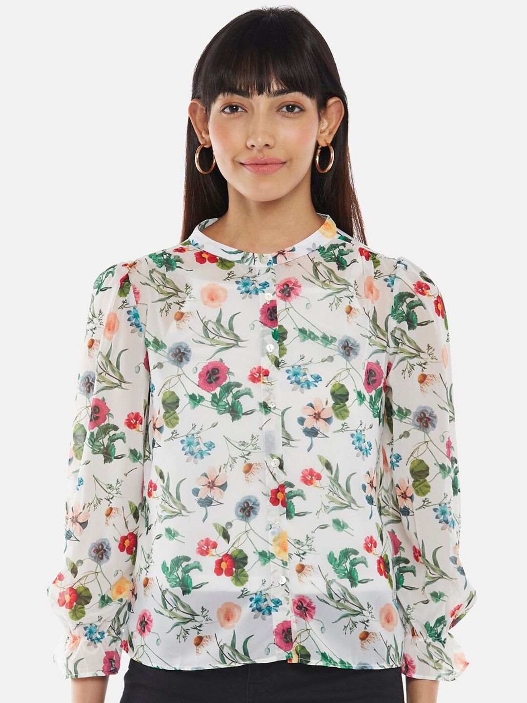 Honey by Pantaloons Off White Floral Print Mandarin Collar Top Price in India