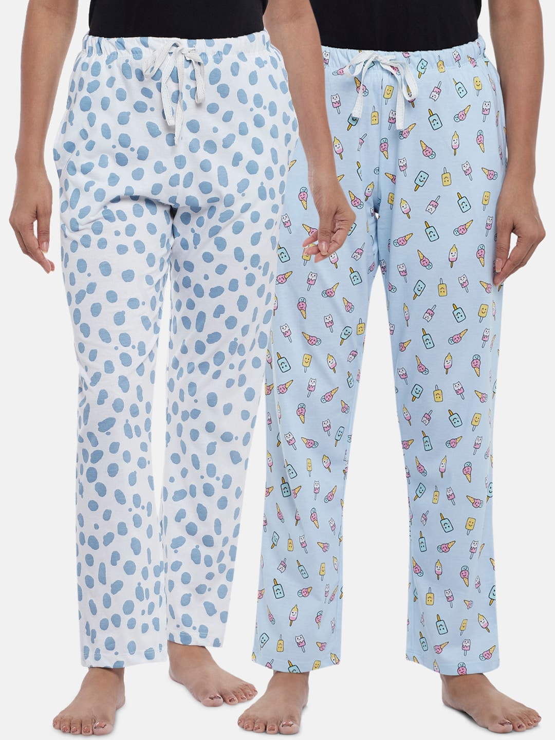 Dreamz by Pantaloons Women Set Of 2 Turquoise Blue & White Printed Cotton Lounge Pants Price in India