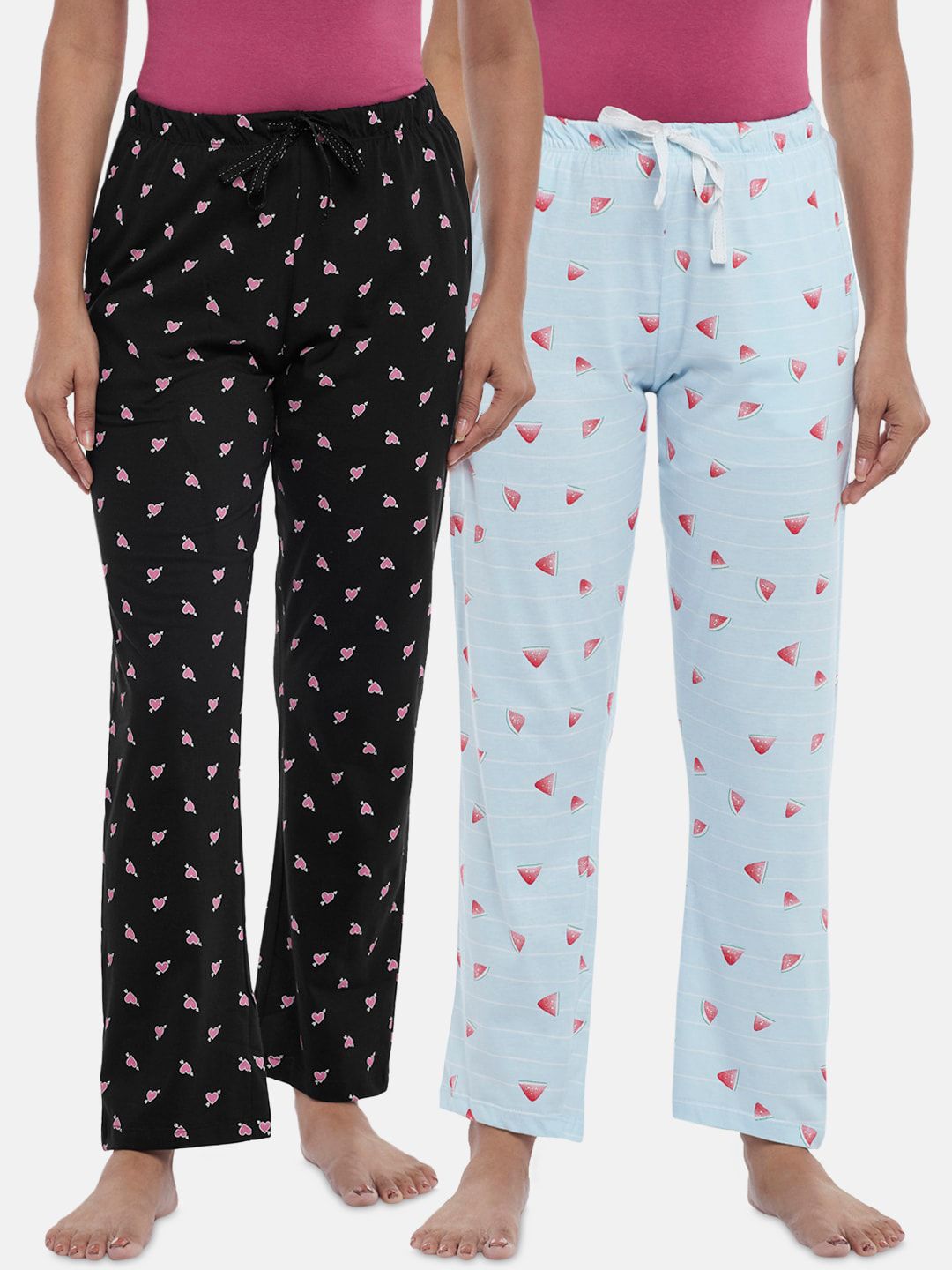 Dreamz by Pantaloons Women Pack Of 2 Black & Blue Printed Pure Cotton Pyjamas Price in India