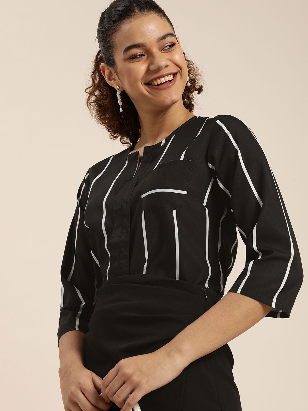 encore by INVICTUS Black & White Vertical Stripes Pocket Detailing Regular Top Price in India