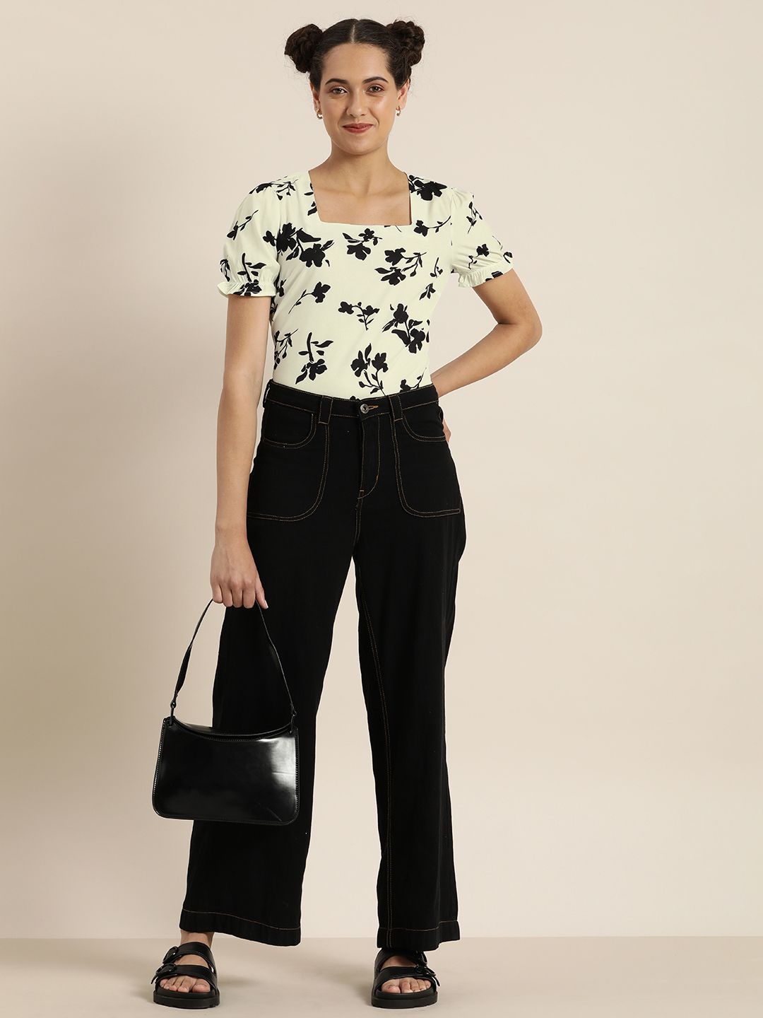 encore by INVICTUS White & Black Floral Printed Regular Top Price in India