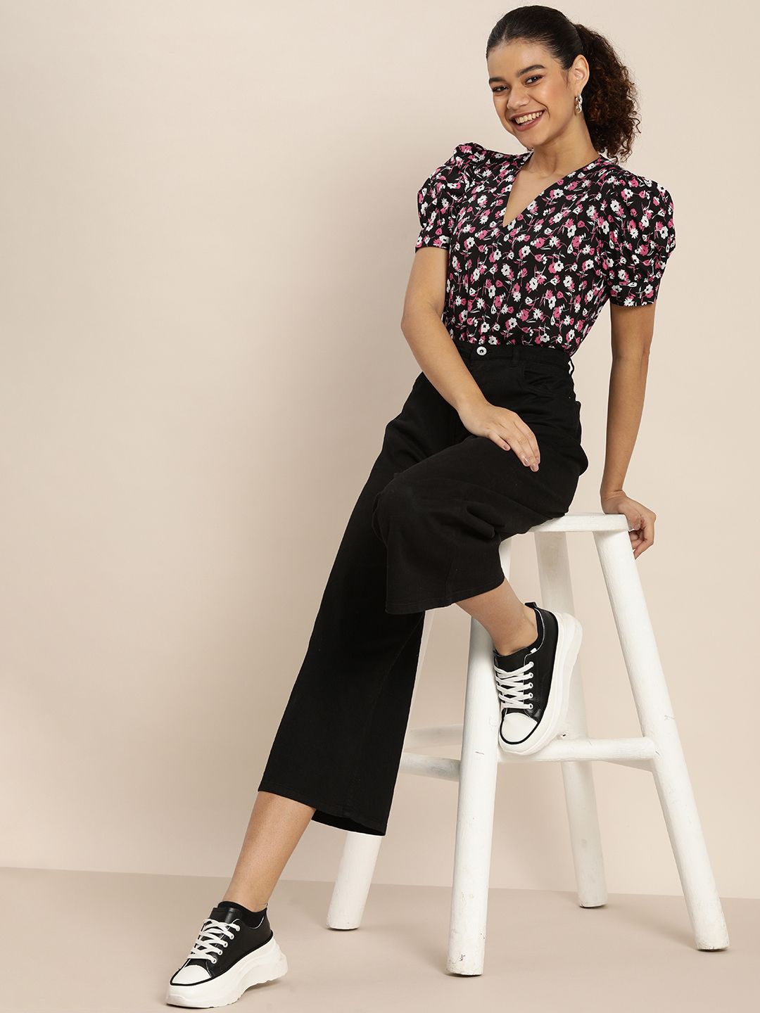 encore by INVICTUS Black & Pink Floral Print V Neck Puff Sleeves Regular Top Price in India