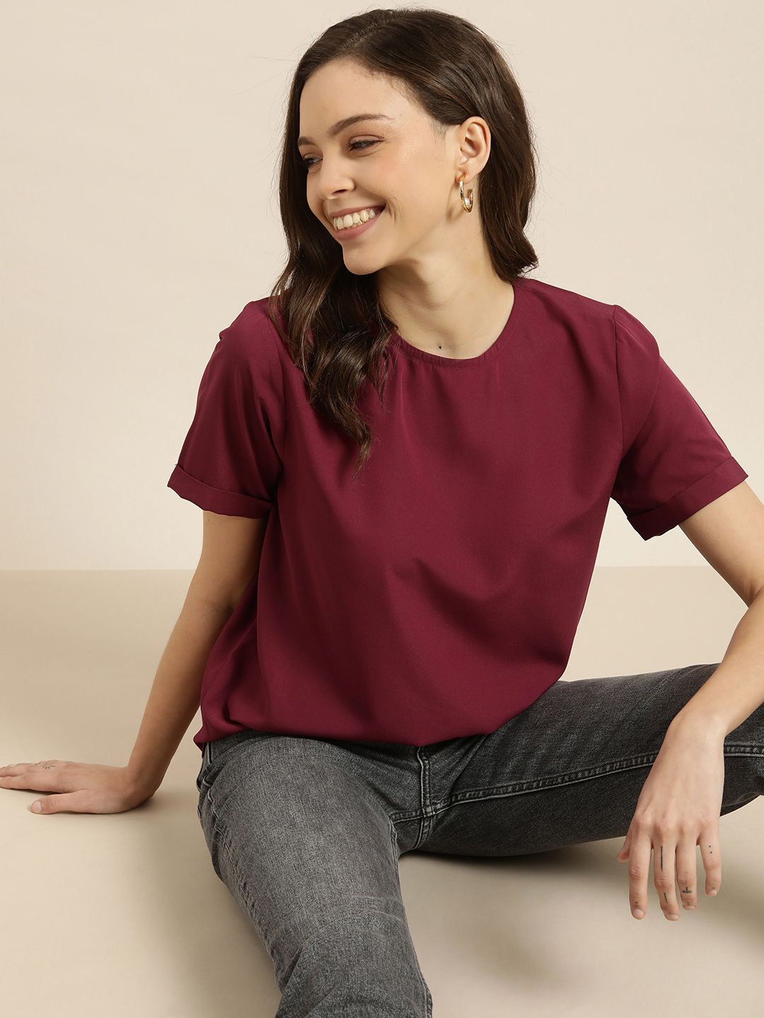 encore by INVICTUS Women Maroon Solid Top Price in India
