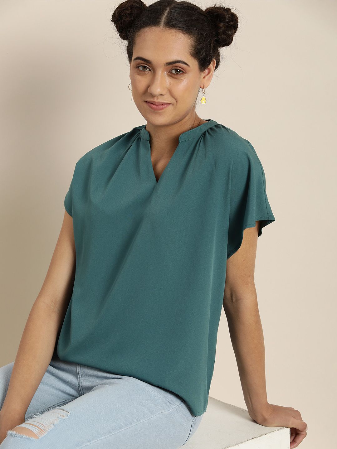 encore by INVICTUS Teal Blue Solid Regular Top Price in India