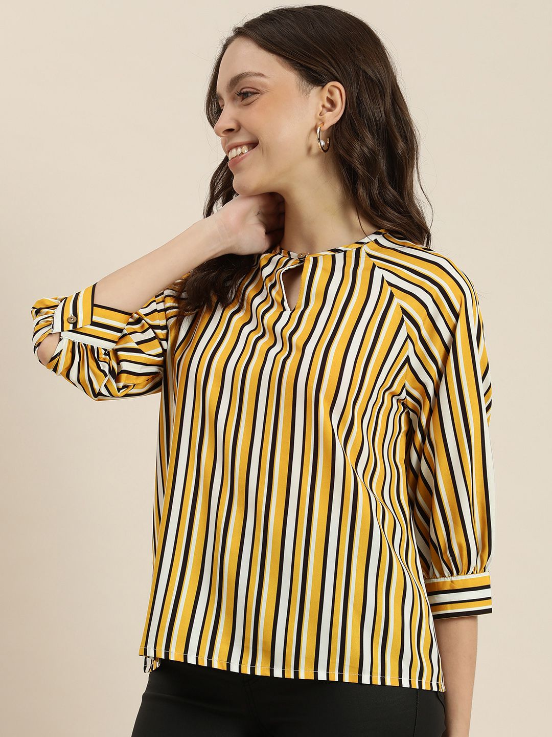 encore by INVICTUS Women Yellow & White Striped Regular Top Price in India