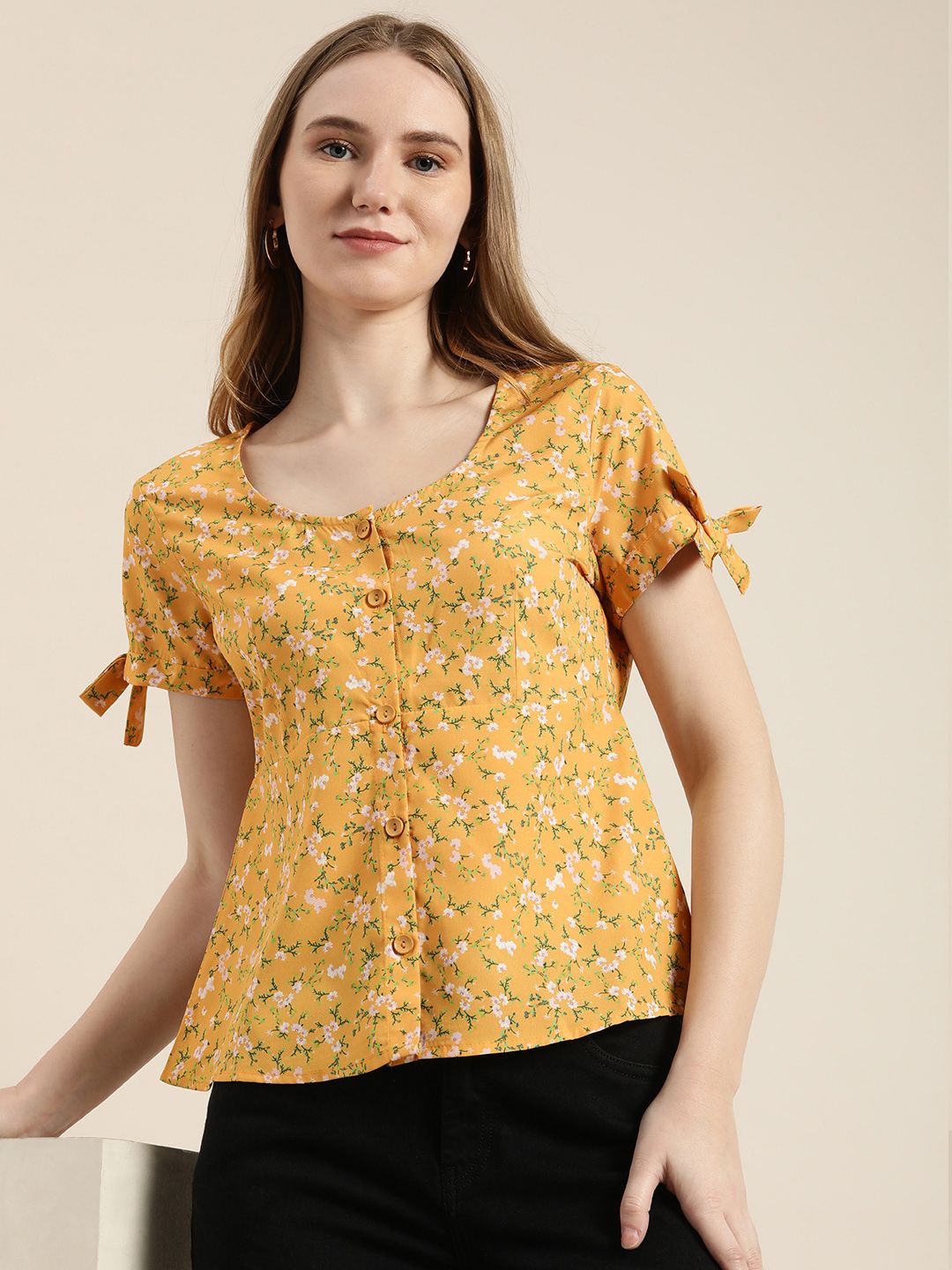 encore by INVICTUS Floral Print Peplum Top With Tie Knots Detail At Cuff Price in India