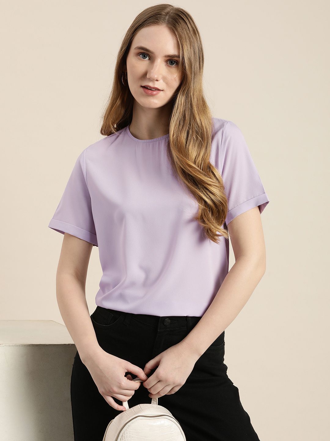 encore by INVICTUS Solid Roll-Up Sleeves Round Neck Regular Top Price in India