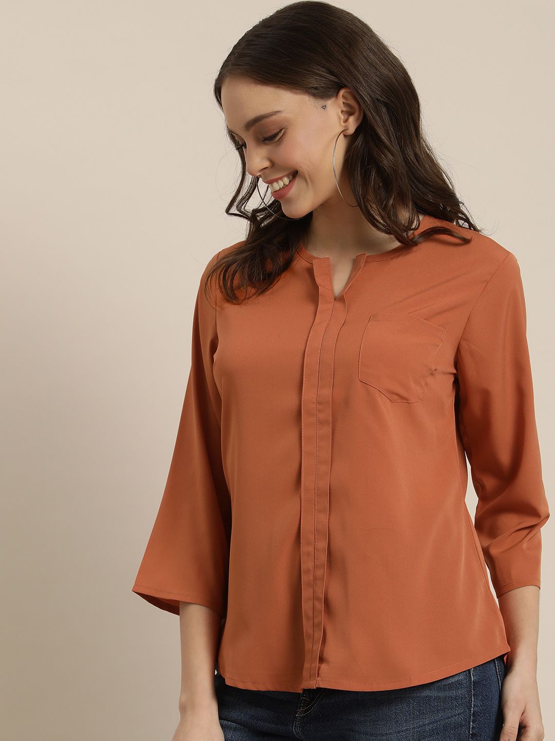 encore by INVICTUS Women Rust Brown Solid V-Neck Blouson Top with Chest Pocket Price in India