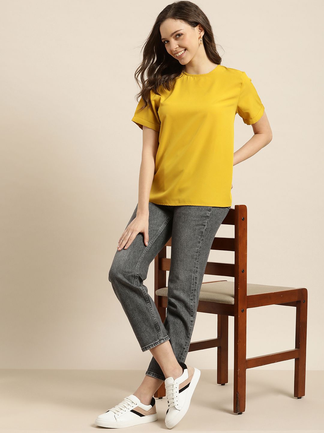 encore by INVICTUS Women Mustard Yellow Solid Top Price in India