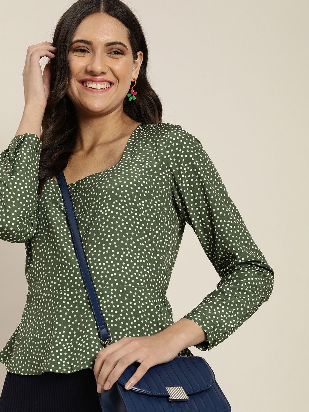 encore by INVICTUS Green & White Polka Dots Print Peplum Top Price in India
