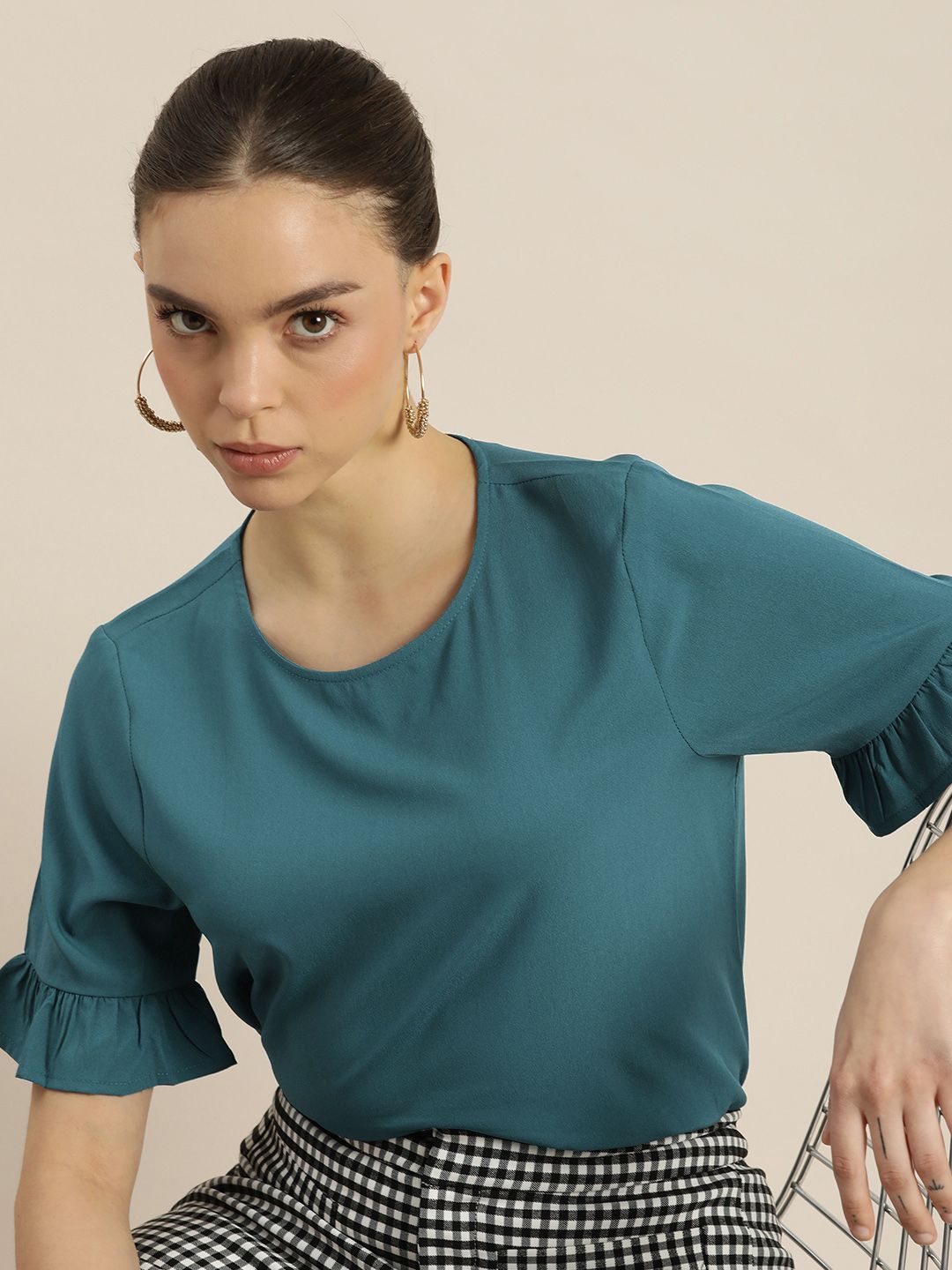 encore by INVICTUS Women Green Solid Top With Frill Sleeves Price in India