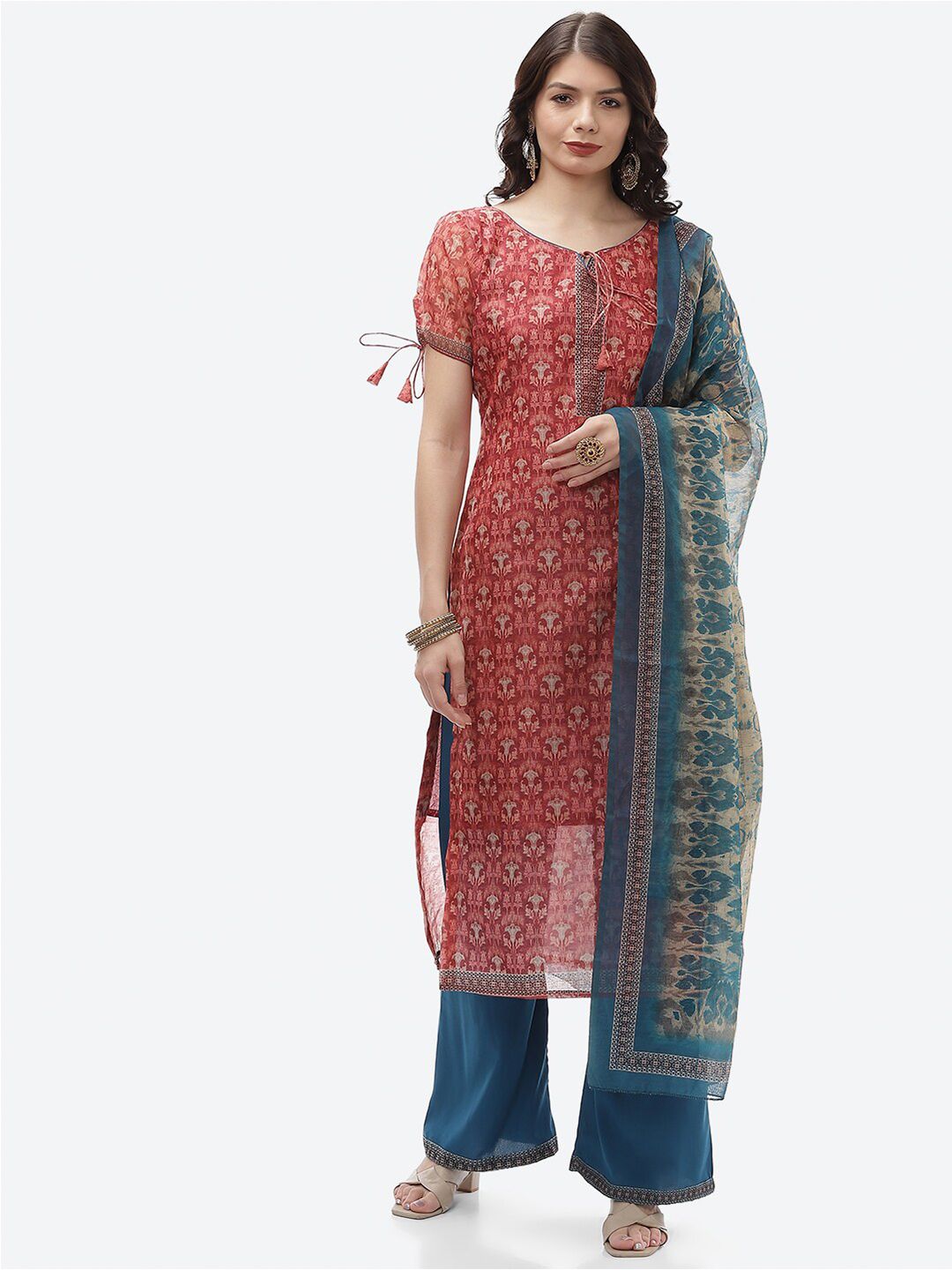 Biba Peach-Coloured & Blue Unstitched Dress Material Price in India