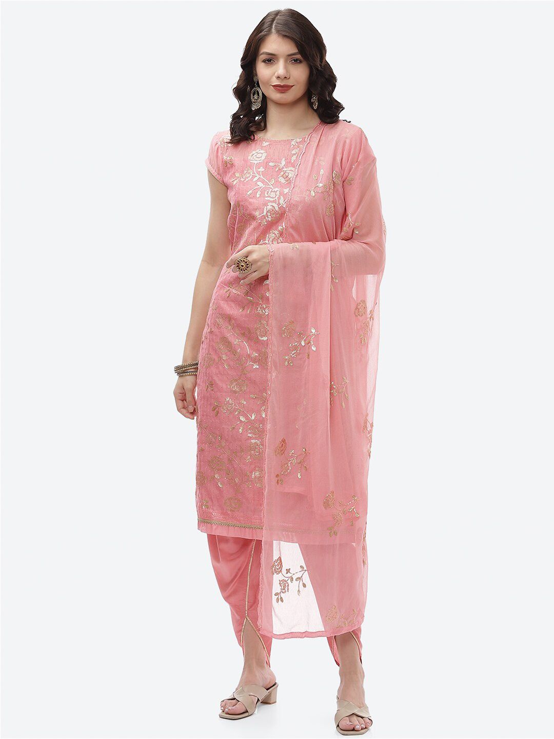 Biba Peach-Coloured Unstitched Dress Material Price in India