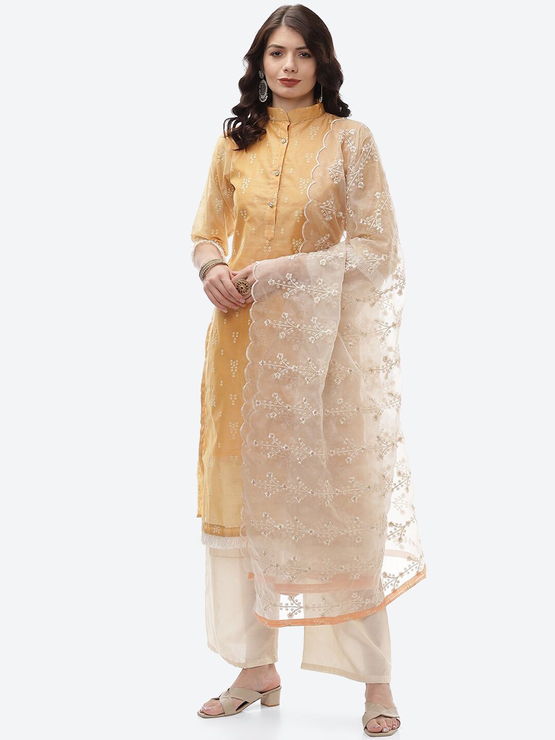 Biba Mustard & White Unstitched Dress Material Price in India