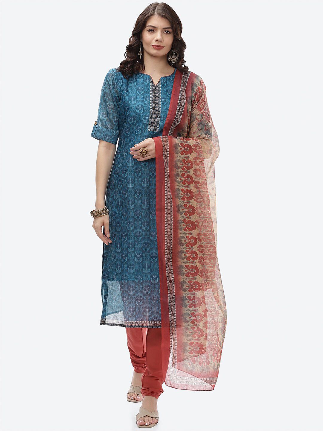 Biba Blue & Brown Printed Unstitched Dress Material Price in India