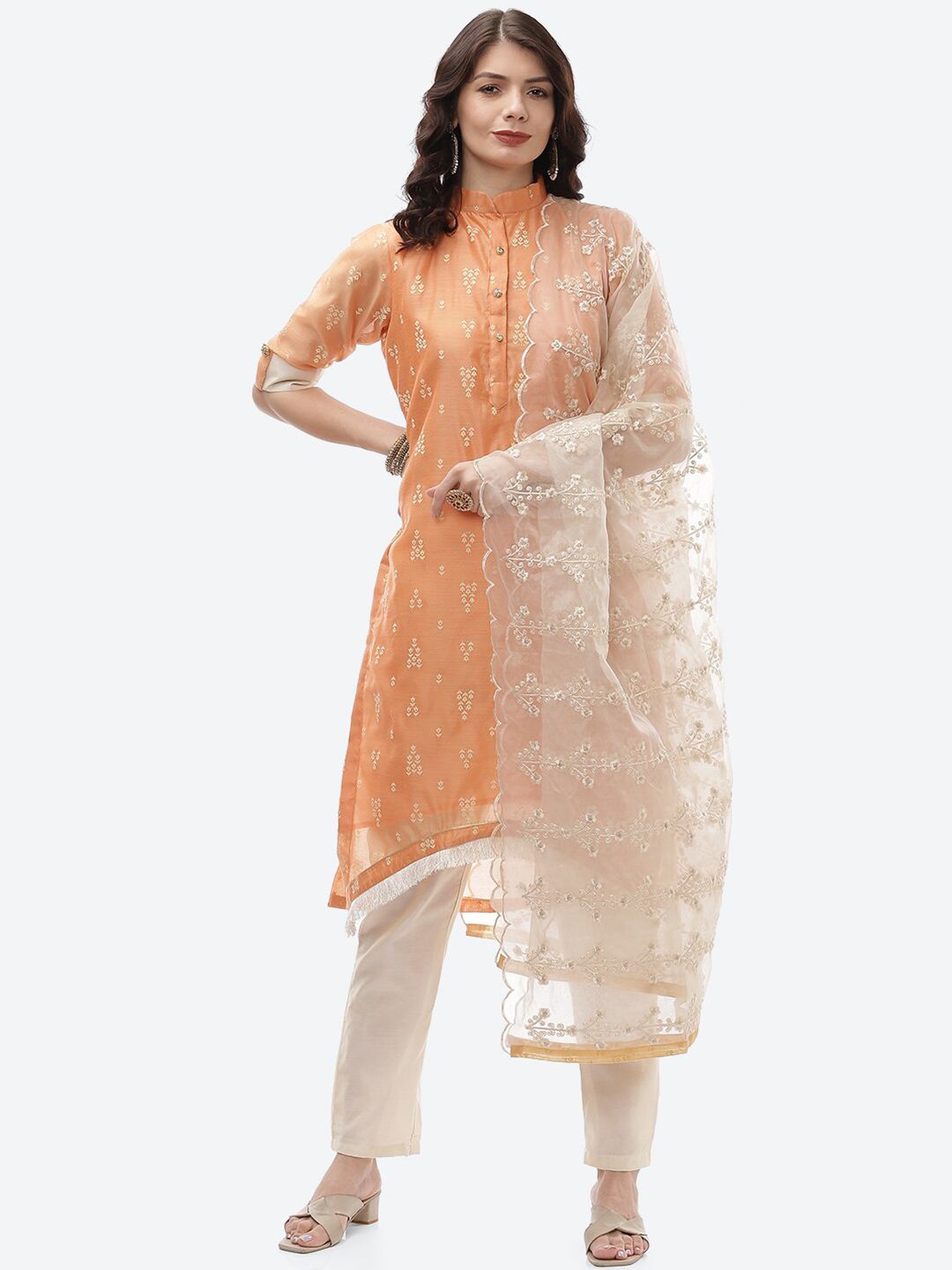 Biba Orange & White Unstitched Dress Material Price in India