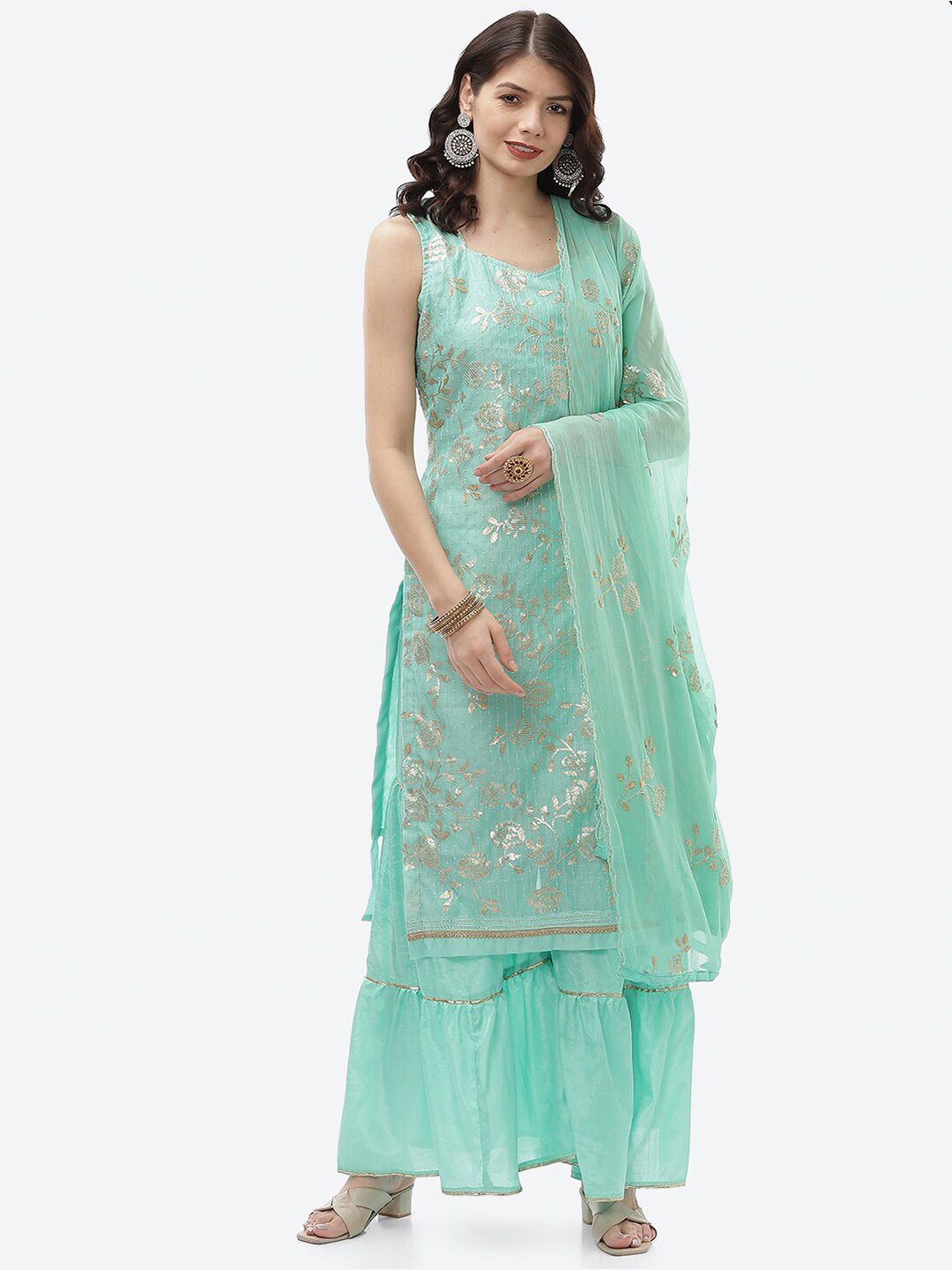 Biba Turquoise Blue & Gold-Toned Printed Unstitched Dress Material Price in India