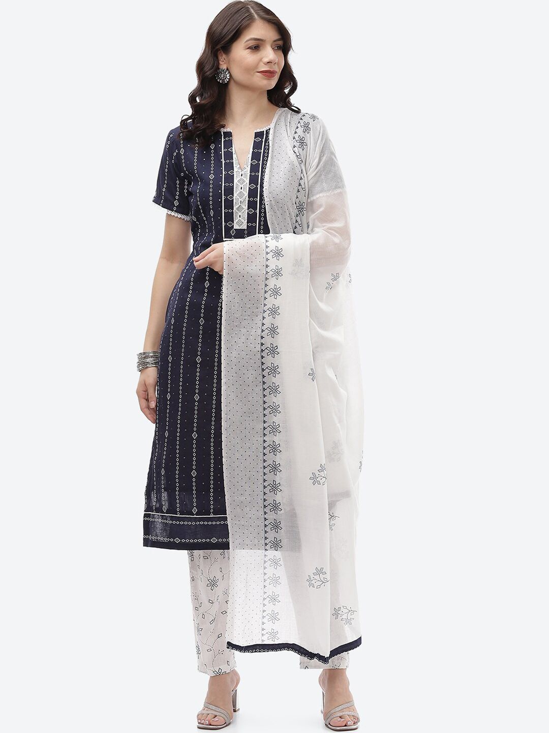 Biba Blue & White Unstitched Dress Material Price in India