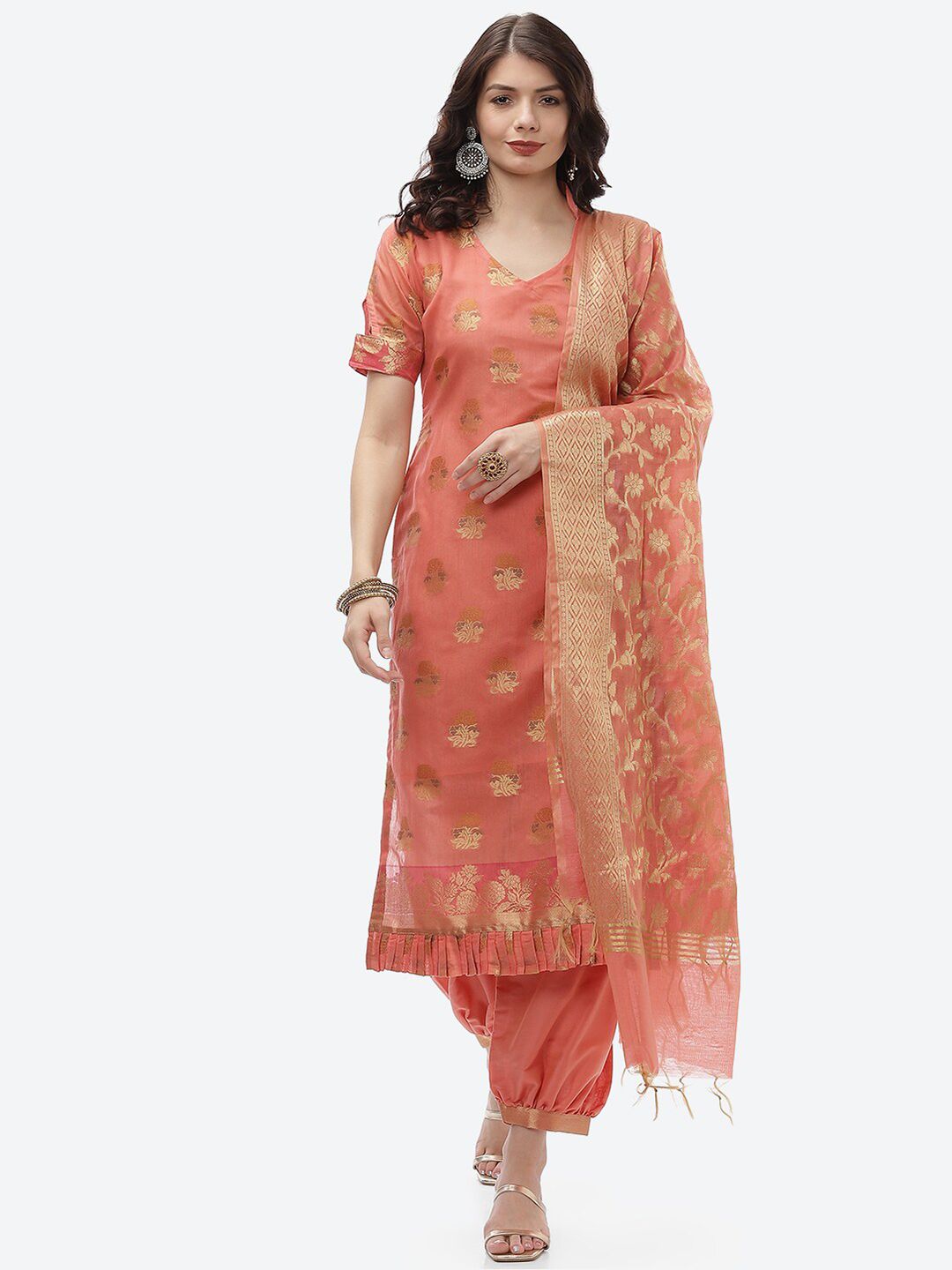 Biba Peach-Coloured & Gold-Toned Unstitched Dress Material Price in India