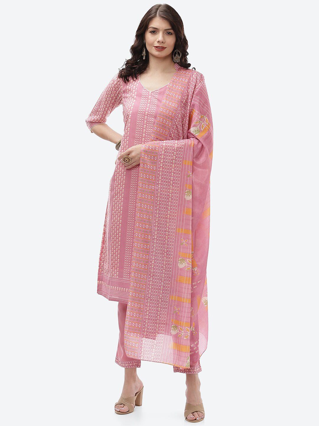 Biba Pink & White Unstitched Dress Material Price in India