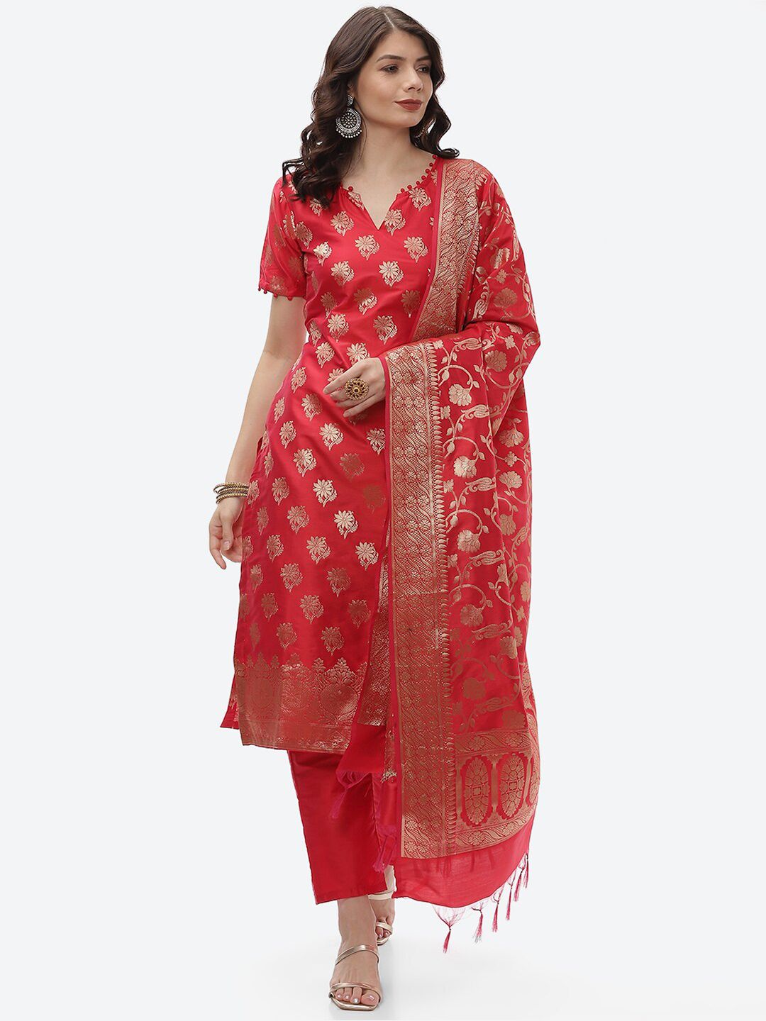 Biba Red & Gold-Toned Unstitched Dress Material Price in India