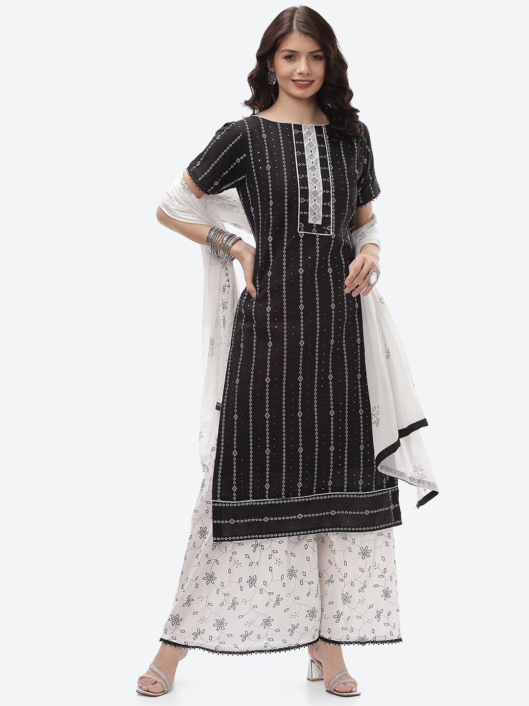 Biba Black & White Women Embroidered Unstitched Dress Material Price in India