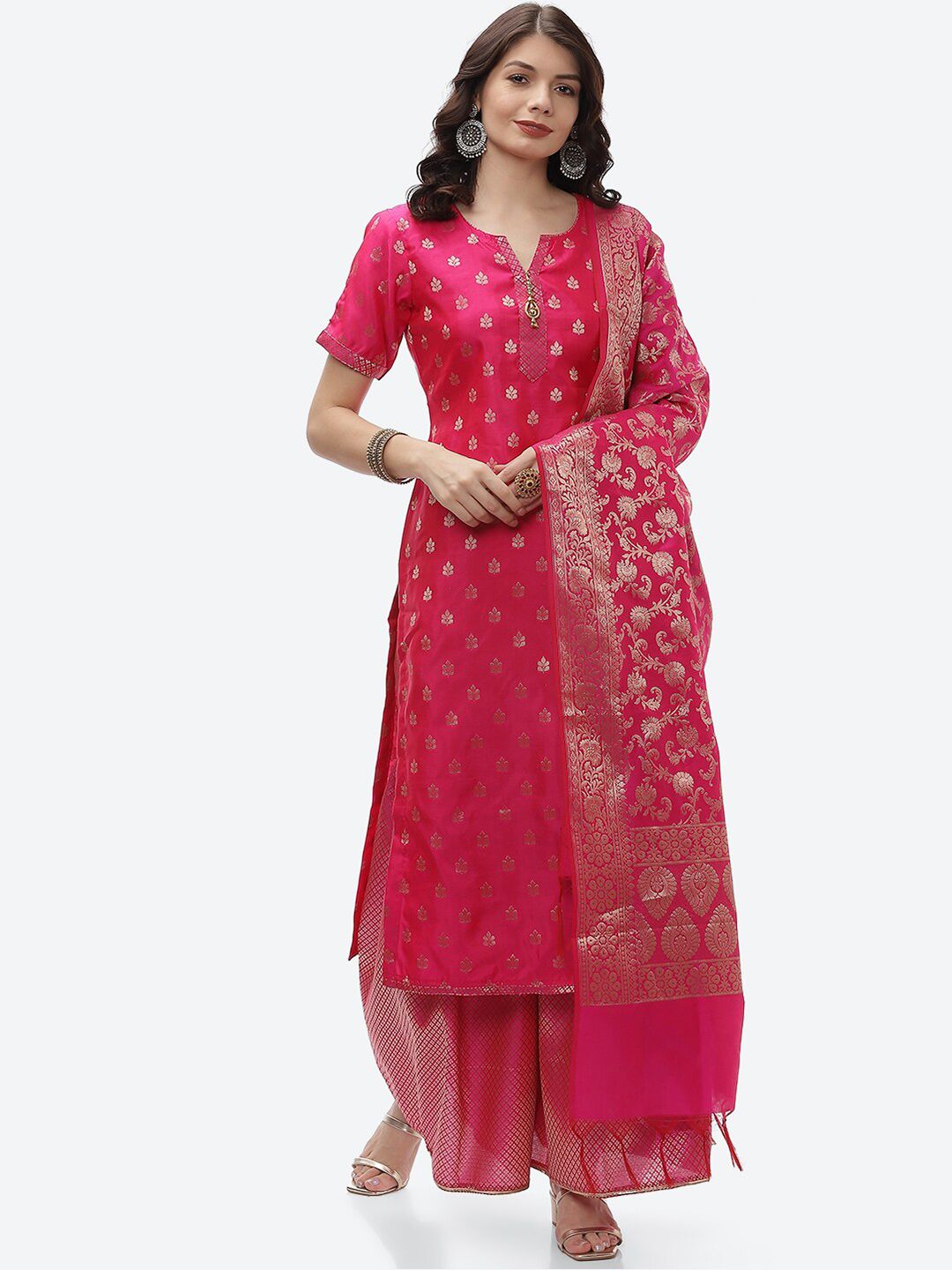 Biba Pink & Gold-Toned Unstitched Dress Material Price in India