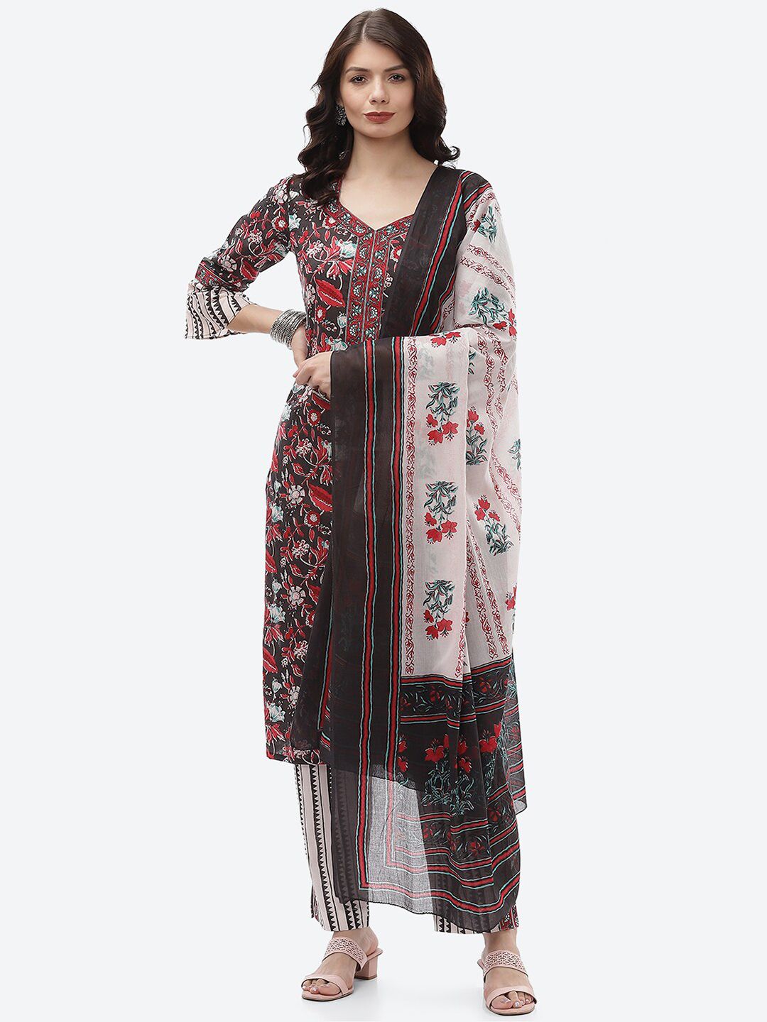 Biba Black & Red Printed Unstitched Dress Material Price in India