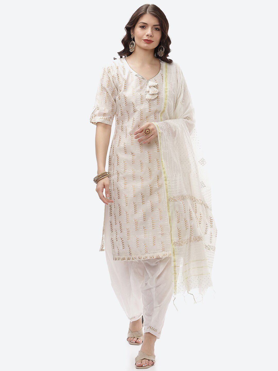 Biba White & Gold-Toned Unstitched Dress Material Price in India