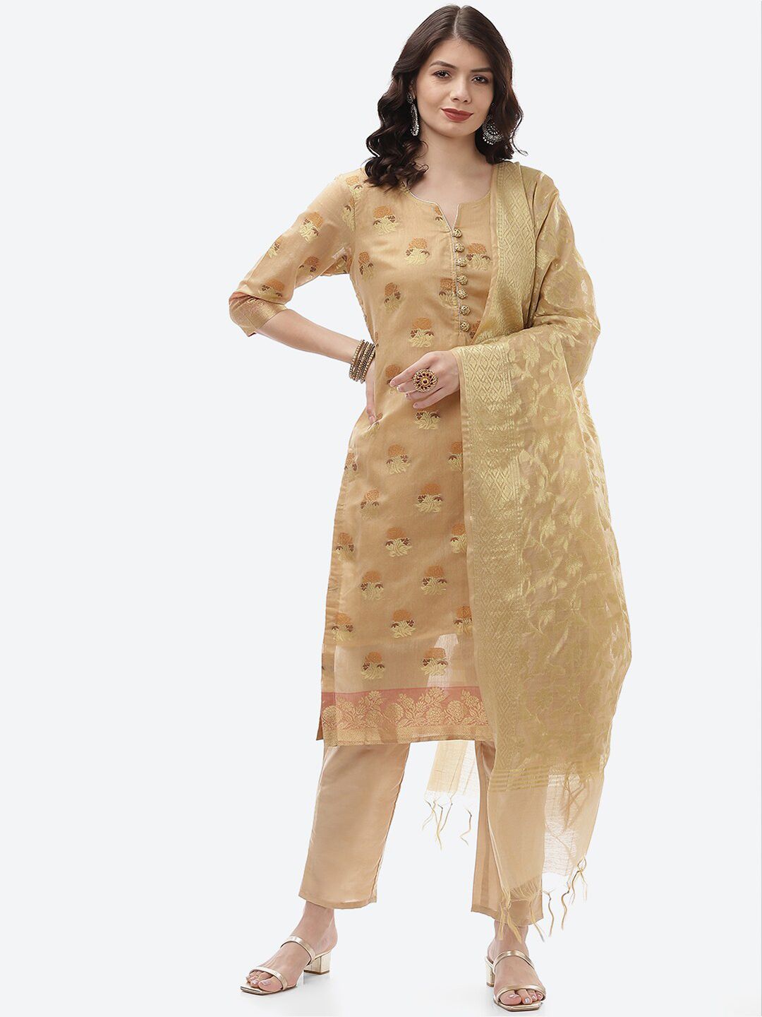 Biba Gold-Toned & Orange Unstitched Dress Material Price in India