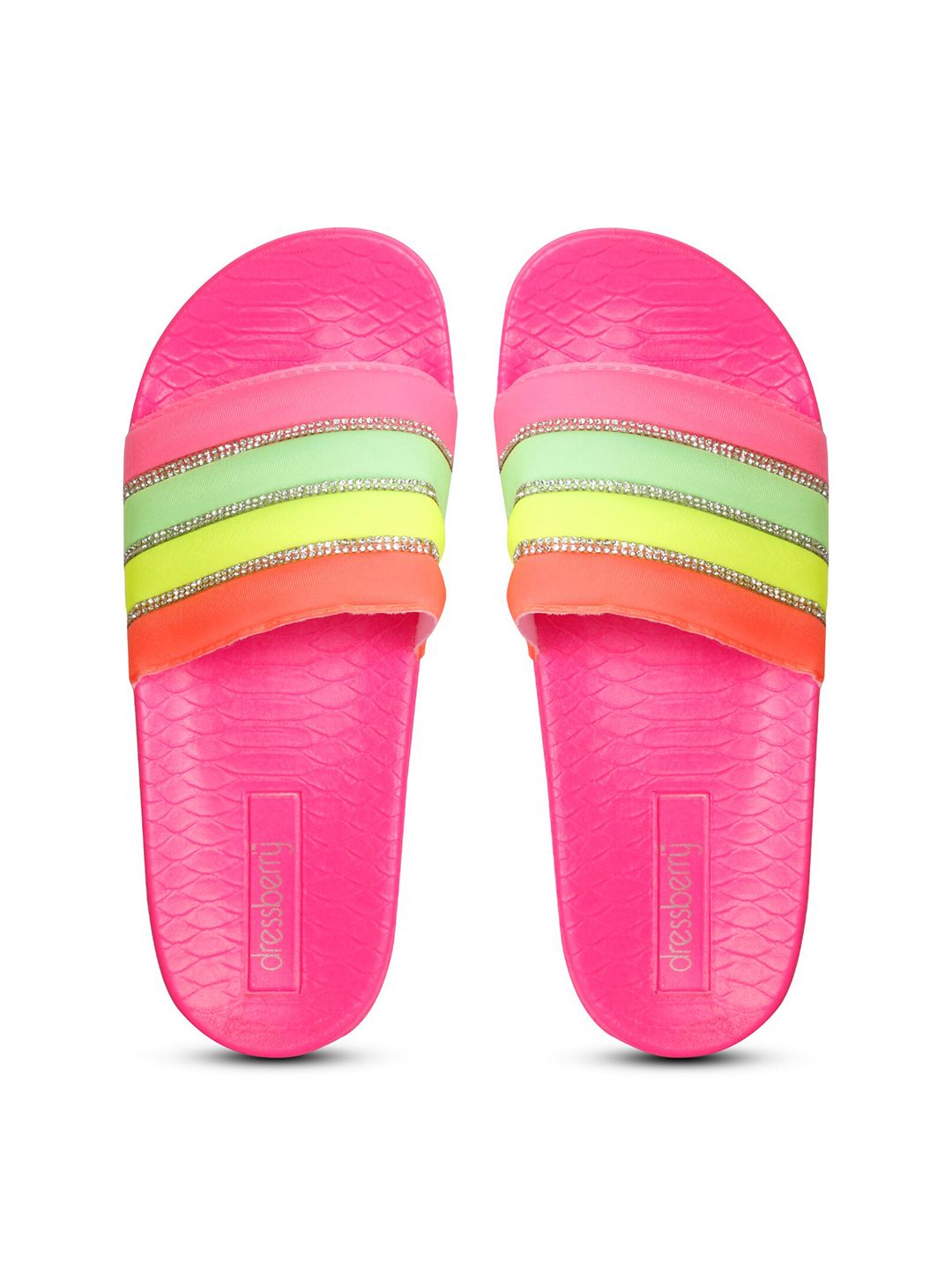 DressBerry Women Pink & Green Striped Sliders Price in India