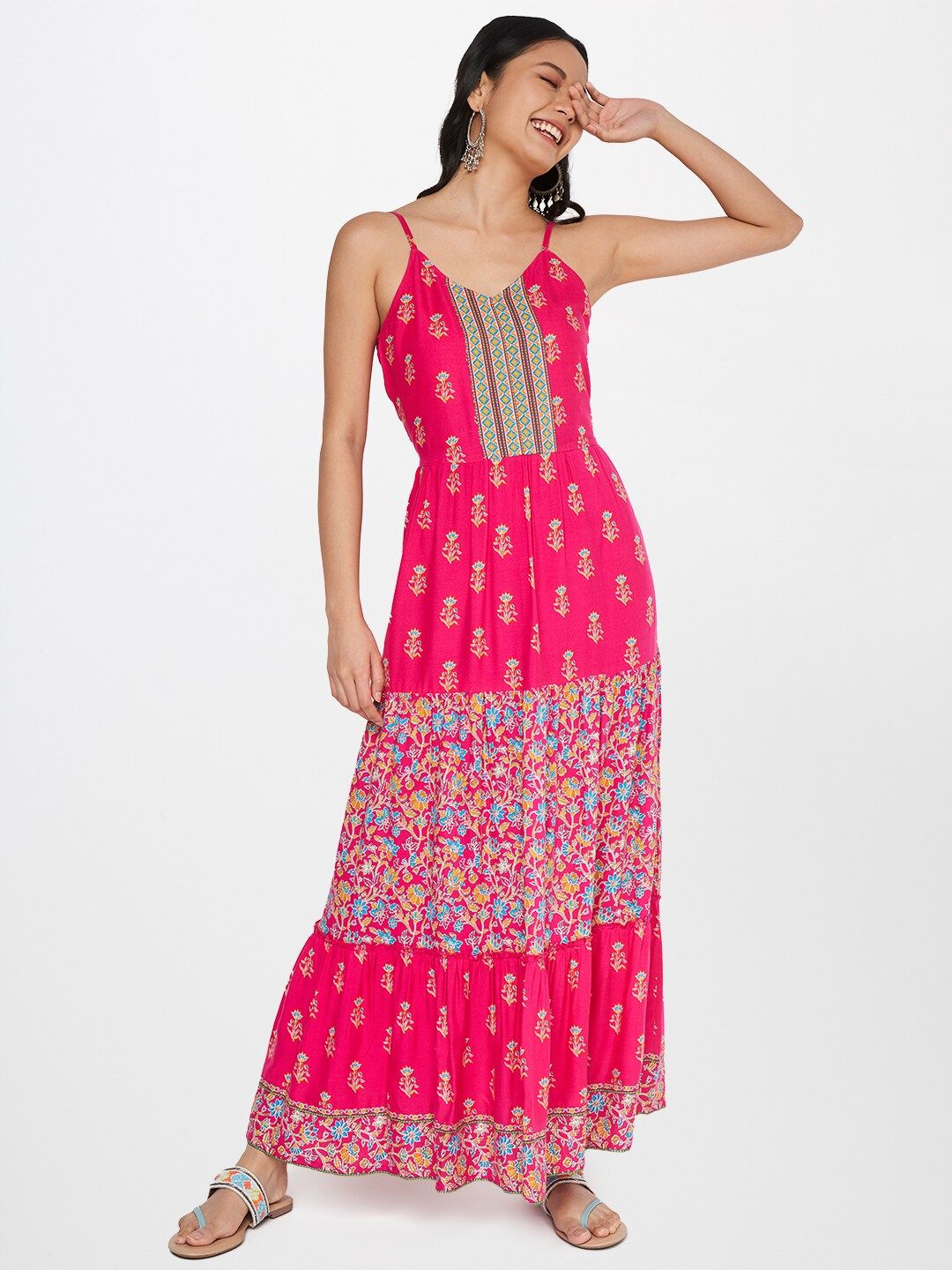 Global Desi Pink Floral Maxi Dress Price in India