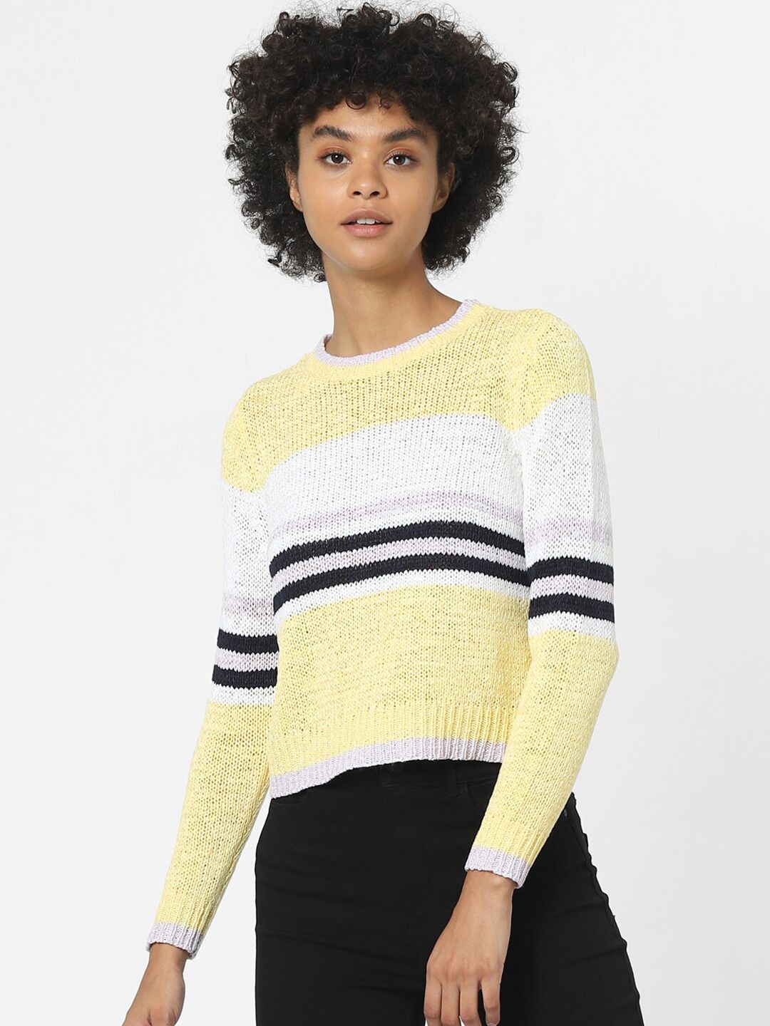 ONLY Women Yellow & White Striped Pullover Price in India