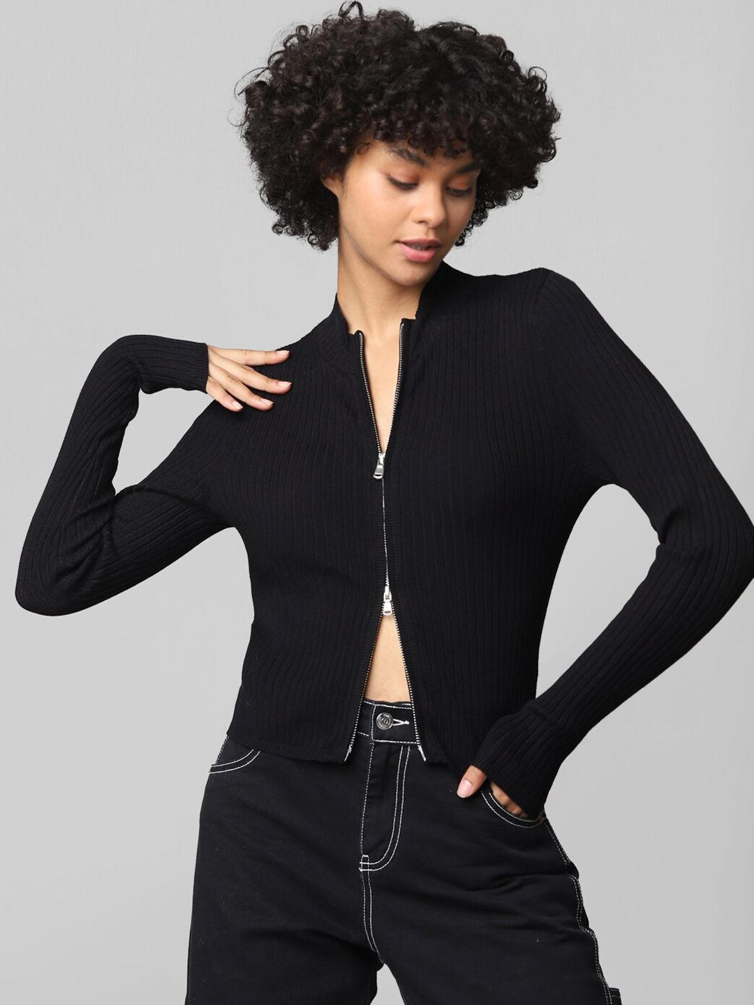 ONLY Women Black Solid Henley Neck Cardigan Price in India